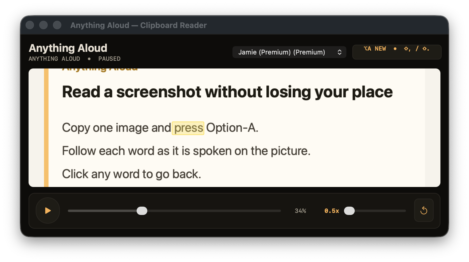 Anything Aloud displaying a copied sample image. A yellow outline marks the recognised word press on the picture, with play, progress, 0.5x speed and restart controls below.