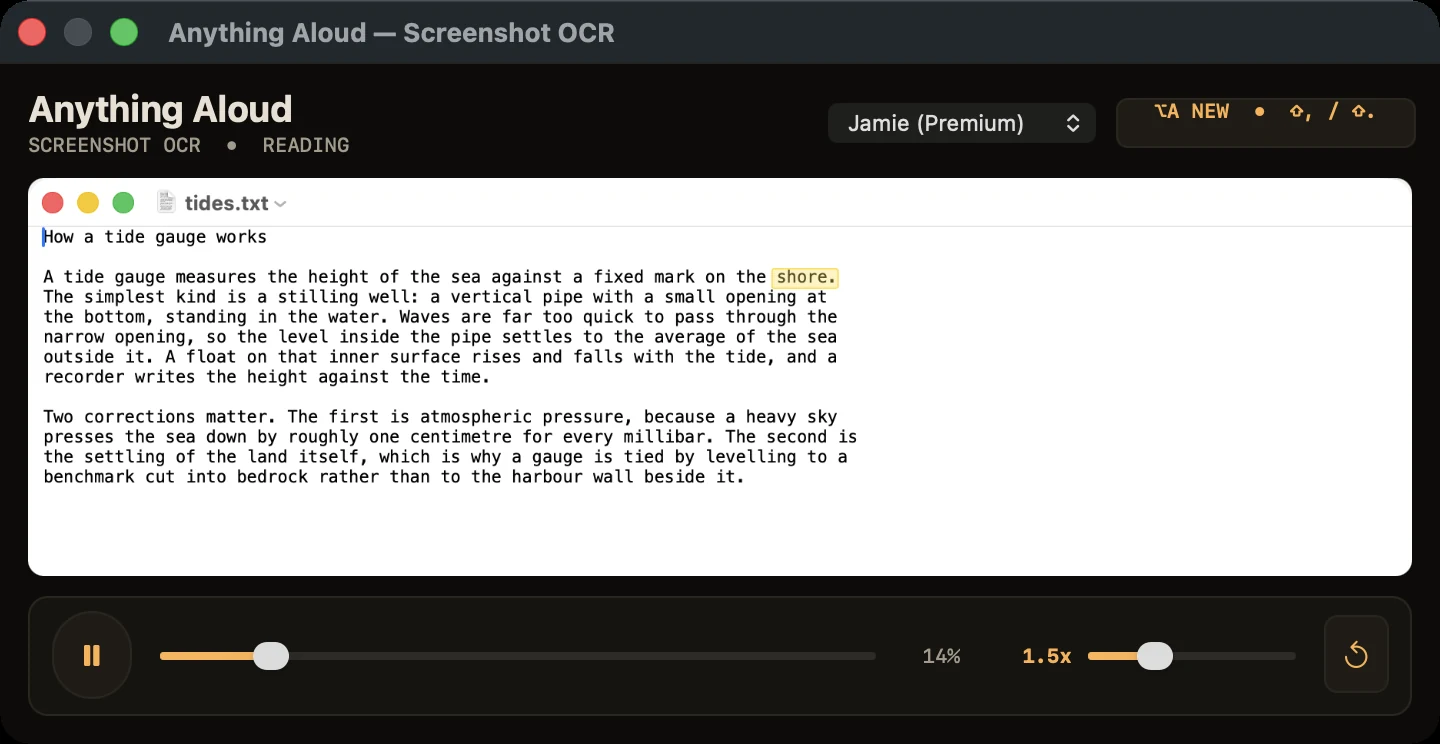 The Anything Aloud reader showing a copied screenshot of a text file about tide gauges. A yellow outline marks the word being spoken, with pause, progress and 1.5x speed controls below.